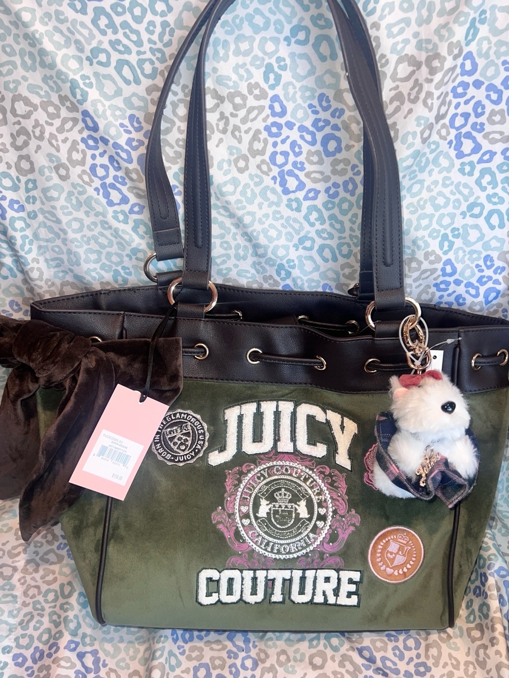 New Olive Green Juicy Couture Purse Daydreamer Tote Bag Velour Handbag Patches